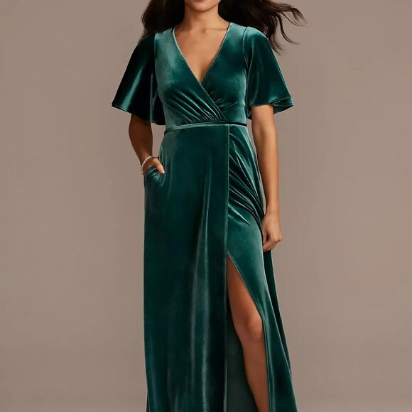 Davids Bridal | Stretch Velvet Flutter Sleeve Dress | Size 10 | Martini Olive - Picture 1 of 7